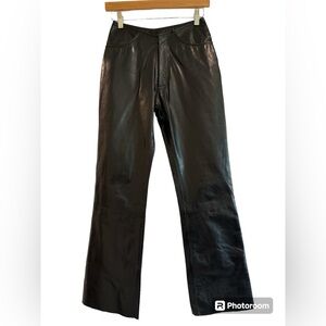 Black leather straight leg pant.